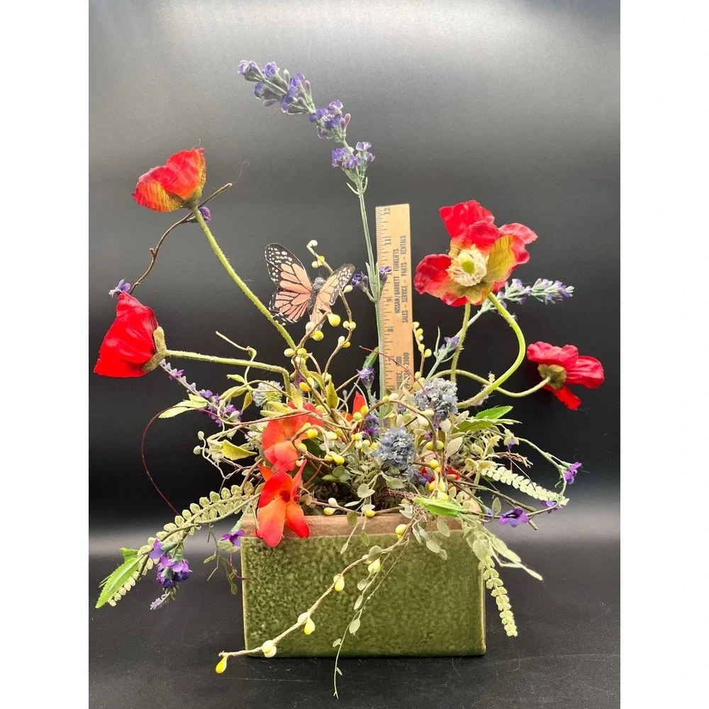 Flower Arrangement Greenery Poppies Lavender Butterfly Rustic Green‎ Ceramic Pot